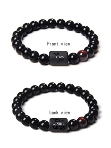 1 European and American Fashion Retro Natural Round Stone Glossy Stretch Zodiac Symbol Men's Bracelet for Daily Use - Multicolor - View 4