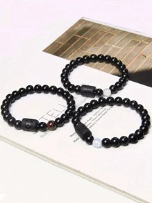 1 European and American Fashion Retro Natural Round Stone Glossy Stretch Zodiac Symbol Men's Bracelet for Daily Use - Multicolor - View 5