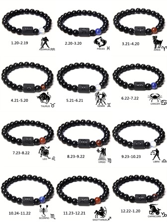 1歐美時尚復古自然圓形石頭水潤光澤彈力星座象徵男士手環適用於日常使用