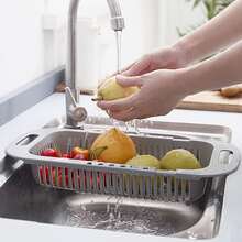 1个可伸缩水槽沥水篮，防滑可伸缩手柄，镂空设计，厨房蔬果沥水器，厨房用品，厨房配件，厨房工具 - 灰色 - 查看 5