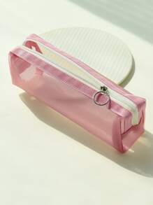 1peça cor sólida malha Suprimentos de escritório & escola simples portátil Caneta Sacola para estudante Suprimentos de escritório & escola Organizador - Rosa - Ver 1