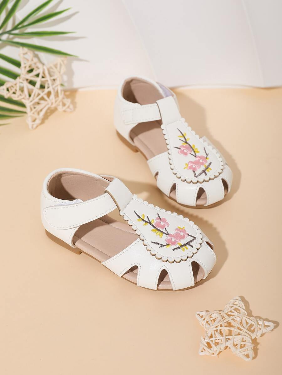1 Par De Sandalias Planas Huecas Para Niñas Con Decoración De Bordado, Adecuadas Para Primavera Y Verano - Blanco - Ver 1