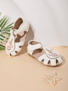 1 Par De Sandalias Planas Huecas Para Niñas Con Decoración De Bordado, Adecuadas Para Primavera Y Verano - Blanco - Ver 2