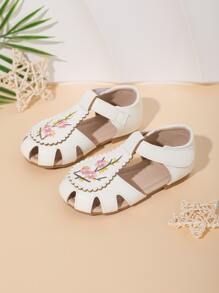 1 Par De Sandalias Planas Huecas Para Niñas Con Decoración De Bordado, Adecuadas Para Primavera Y Verano - Blanco - Ver 3