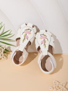 1 Par De Sandalias Planas Huecas Para Niñas Con Decoración De Bordado, Adecuadas Para Primavera Y Verano - Blanco - Ver 4