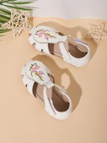 1 Par De Sandalias Planas Huecas Para Niñas Con Decoración De Bordado, Adecuadas Para Primavera Y Verano - Blanco - Ver 5