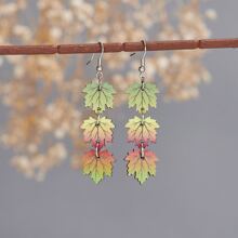 秋天西部牛仔風格黃色楓葉形狀創意拼接吊墜木頭裝飾女士耳環 - 彩色 - 查看 3