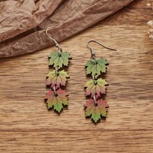 秋天西部牛仔風格黃色楓葉形狀創意拼接吊墜木頭裝飾女士耳環 - 彩色 - 查看 6