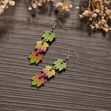 秋天西部牛仔風格黃色楓葉形狀創意拼接吊墜木頭裝飾女士耳環 - 彩色 - 查看 1