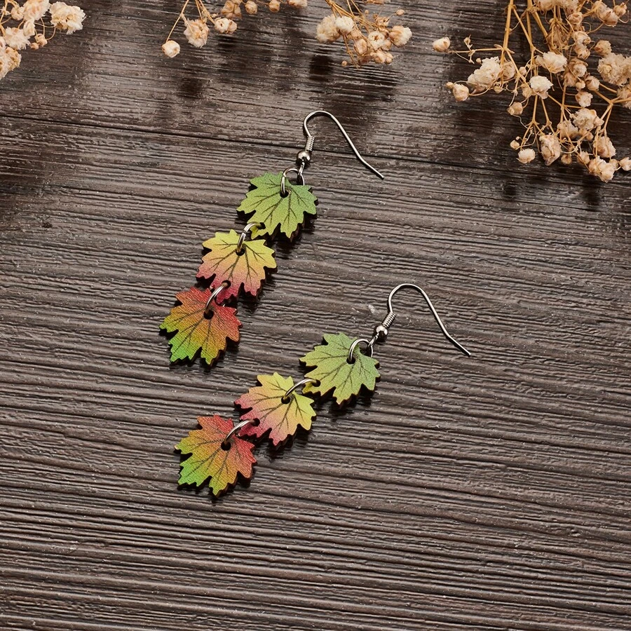 秋天西部牛仔風格黃色楓葉形狀創意拼接吊墜木頭裝飾女士耳環 - 彩色 - 查看 1