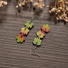 秋天西部牛仔風格黃色楓葉形狀創意拼接吊墜木頭裝飾女士耳環 - 彩色 - 查看 2