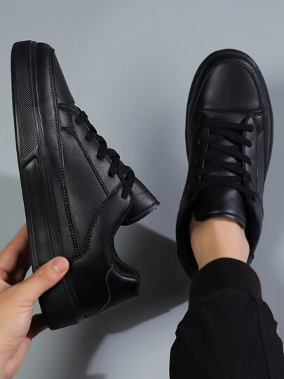 Men Comfortable Lace Up Front Sneakers, Sporty Black Skate Shoes