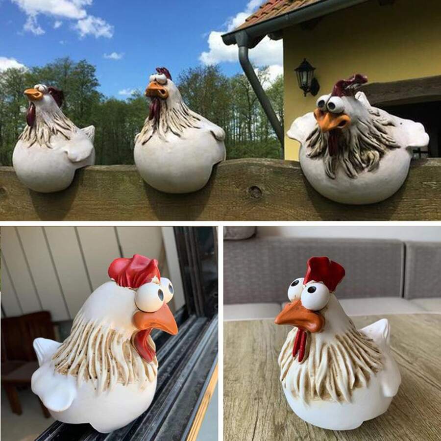 雞柵欄裝飾有趣農場雕塑雞3隻雞一組農場後院，樹脂工藝品 - 白色 - 查看 1