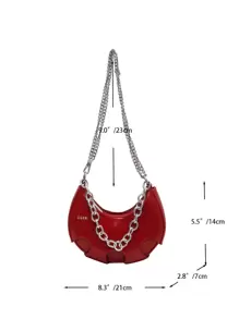 Fashionable Armpit Bag With Letter Print And Metal Chain Decoration Crossbody Crescent Bag PU Shoulder Bag Women Stylish Handbag Hobo Tote Purse - Burgundy - View 6