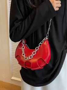 Fashionable Armpit Bag With Letter Print And Metal Chain Decoration Crossbody Crescent Bag PU Shoulder Bag Women Stylish Handbag Hobo Tote Purse - Burgundy - View 2