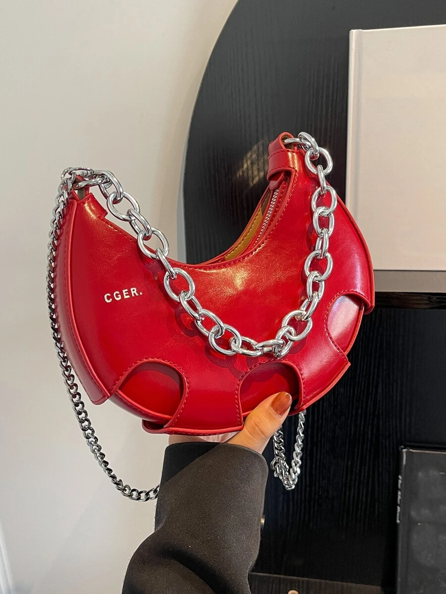 Fashionable Armpit Bag With Letter Print And Metal Chain Decoration Crossbody Crescent Bag PU Shoulder Bag Women Stylish Handbag Hobo Tote Purse - Burgundy - View 1