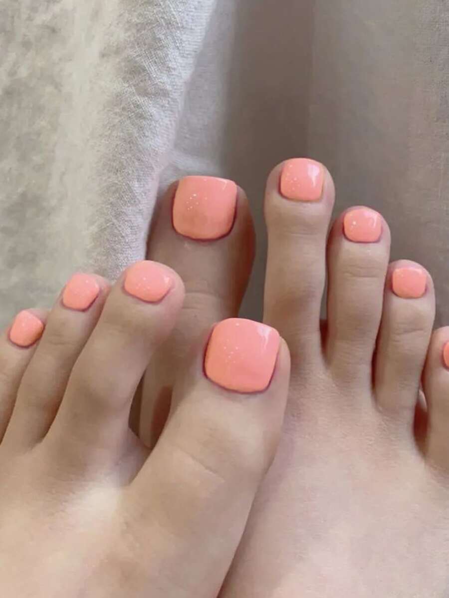Nâng Của bạn Phong cách Với 24 cái Hình vuông Màu thuần Che đậy hoàn toàn Móng chân Bộ - Màu Hồng  San hô - Xem 1