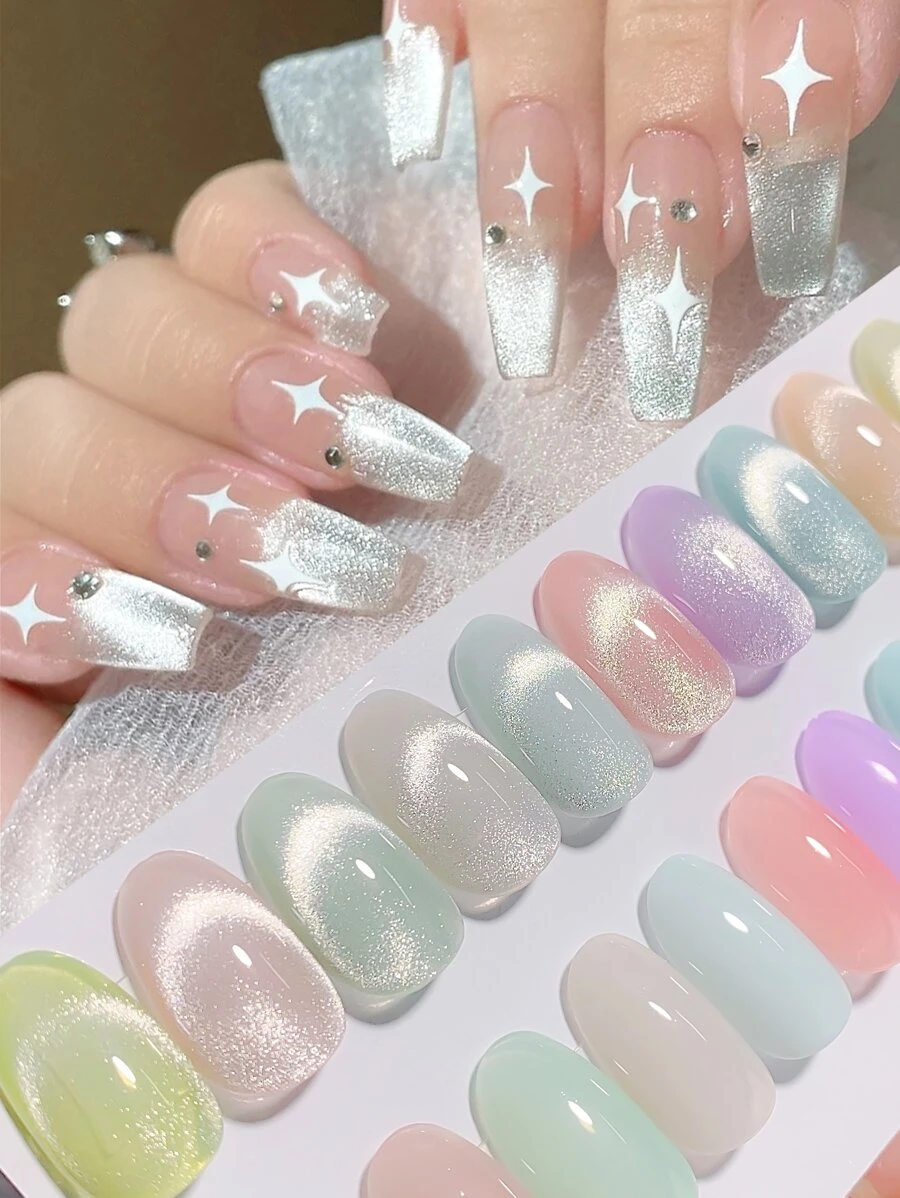 Y2K AestheticNail Art 貓眼凝膠拋光劑帶閃光和高光澤效果指甲油活力指甲油膠 - 銀色 - 查看 1