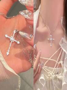 1入組龐克水晶方晶鋯石十字吊墜女士項鍊派對首飾類 - 銀色 - 查看 1
