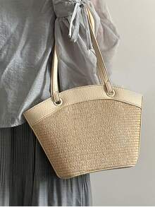 Color Block Vacation Style Woven Tote Bag With Inner Pouch - Beige - View 3