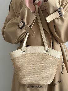 Color Block Vacation Style Woven Tote Bag With Inner Pouch - Beige - View 4