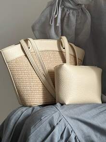 Color Block Vacation Style Woven Tote Bag With Inner Pouch - Beige - View 2