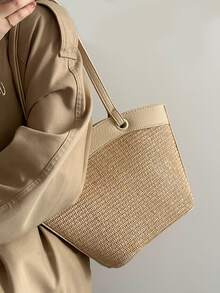 Color Block Vacation Style Woven Tote Bag With Inner Pouch - Beige - View 5