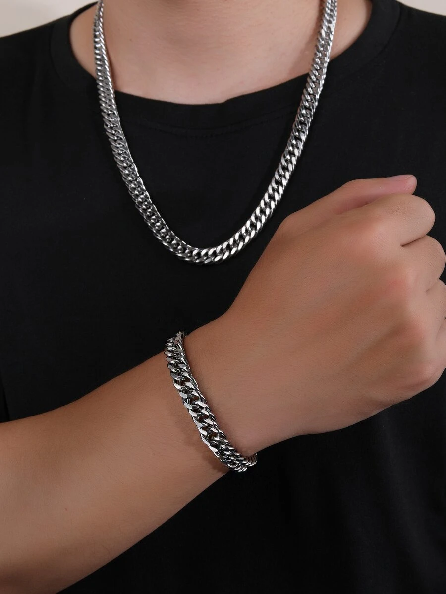 1套時尚不銹鋼極簡鏈條首飾套裝適合男士適用於禮品 - 銀色 - 查看 1