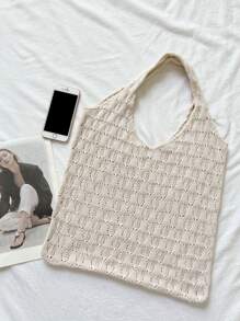 Ins原創設計女款大編織袋針織包時尚沙灘包夏季肩包鏤空網狀格子水桶包背包手提袋購物袋廚房收納袋蔬菜購物袋收納袋,女朋友禮物,手提包,沙灘包,化妝包,立式腰包,草包、手提包、斜背包、腰包 - 杏色 - 查看 4