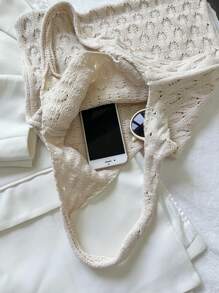 Ins原創設計女款大編織袋針織包時尚沙灘包夏季肩包鏤空網狀格子水桶包背包手提袋購物袋廚房收納袋蔬菜購物袋收納袋,女朋友禮物,手提包,沙灘包,化妝包,立式腰包,草包、手提包、斜背包、腰包 - 杏色 - 查看 5