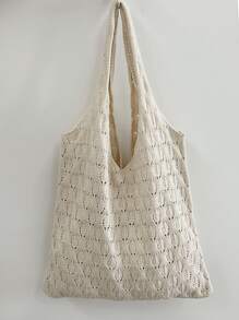 Ins原創設計女款大編織袋針織包時尚沙灘包夏季肩包鏤空網狀格子水桶包背包手提袋購物袋廚房收納袋蔬菜購物袋收納袋,女朋友禮物,手提包,沙灘包,化妝包,立式腰包,草包、手提包、斜背包、腰包 - 杏色 - 查看 6