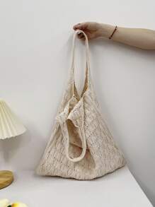 Ins原創設計女款大編織袋針織包時尚沙灘包夏季肩包鏤空網狀格子水桶包背包手提袋購物袋廚房收納袋蔬菜購物袋收納袋,女朋友禮物,手提包,沙灘包,化妝包,立式腰包,草包、手提包、斜背包、腰包 - 杏色 - 查看 7