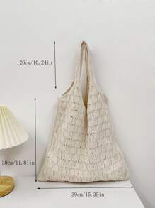 Ins原創設計女款大編織袋針織包時尚沙灘包夏季肩包鏤空網狀格子水桶包背包手提袋購物袋廚房收納袋蔬菜購物袋收納袋,女朋友禮物,手提包,沙灘包,化妝包,立式腰包,草包、手提包、斜背包、腰包 - 杏色 - 查看 8