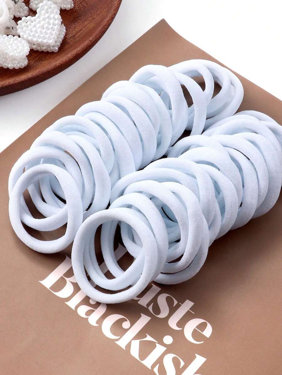50入組女孩素色彈性髮圈適用於日常生活 - 白色 - 查看 1