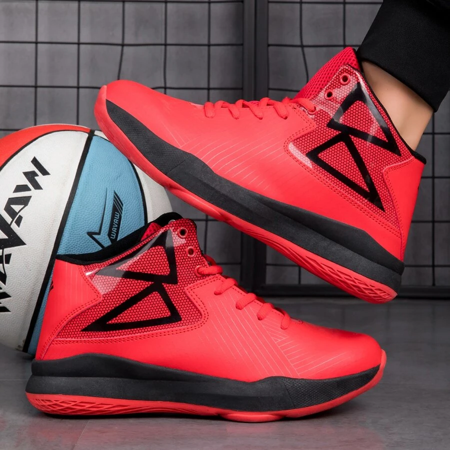運動紅色的籃球鞋適合男士,幾何樣式繫帶高幫運動鞋