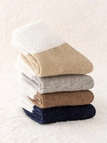 4 Pairs Kids Autumn/Winter Student High Elastic Faux Lamb Fleece Thick Colorblock Mid-Calf Socks - Multicolor - View 5