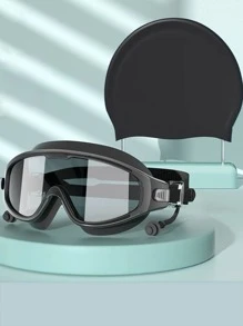 2 Stücke/Set (Badekappe + Schwimmbrille), professionelle, beschlagfreie, wasserdichte Schwimmbrille mit großem Rahmen für kurzsichtige Männer und Frauen mit Badekappe, Tauchausrüstung