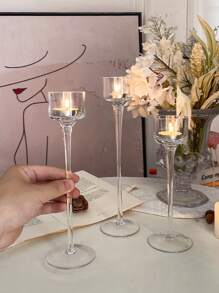套裝3透明玻璃燭台帶高莖,理想適用於浪漫燭光晚餐,餐廳,客廳,拍照片 - 無色 - 查看 3