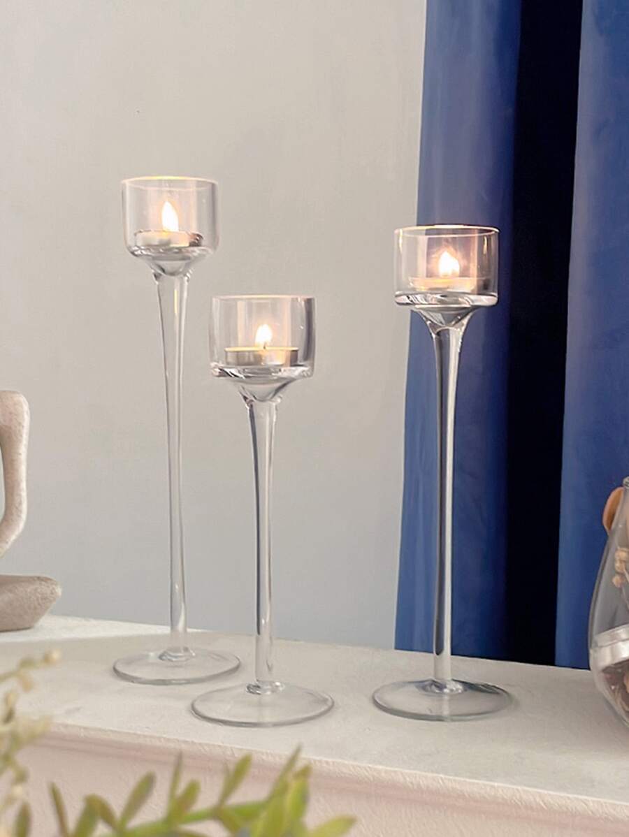 套裝3透明玻璃燭台帶高莖,理想適用於浪漫燭光晚餐,餐廳,客廳,拍照片 - 無色 - 查看 1