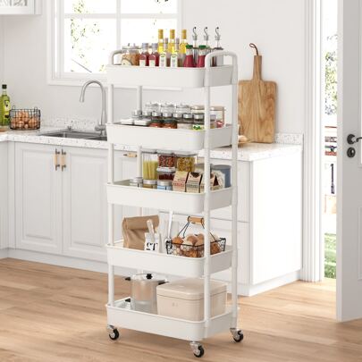 Rolling Utility Cart Storage Shelves Multifunction Plastic Storage Trolley Service Cart with Mesh Basket Handles and Wheels Easy Assembly for Kitchen