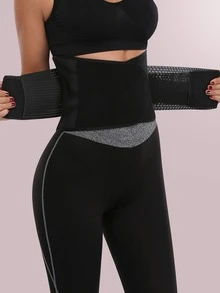 Double-Layer Hook And Loop Design Breathable Hollow Out Waist Belt For Fitness Training Support, Adjustable Elastic Waistband Shapewear Waist Trainer Corset - Black - View 3