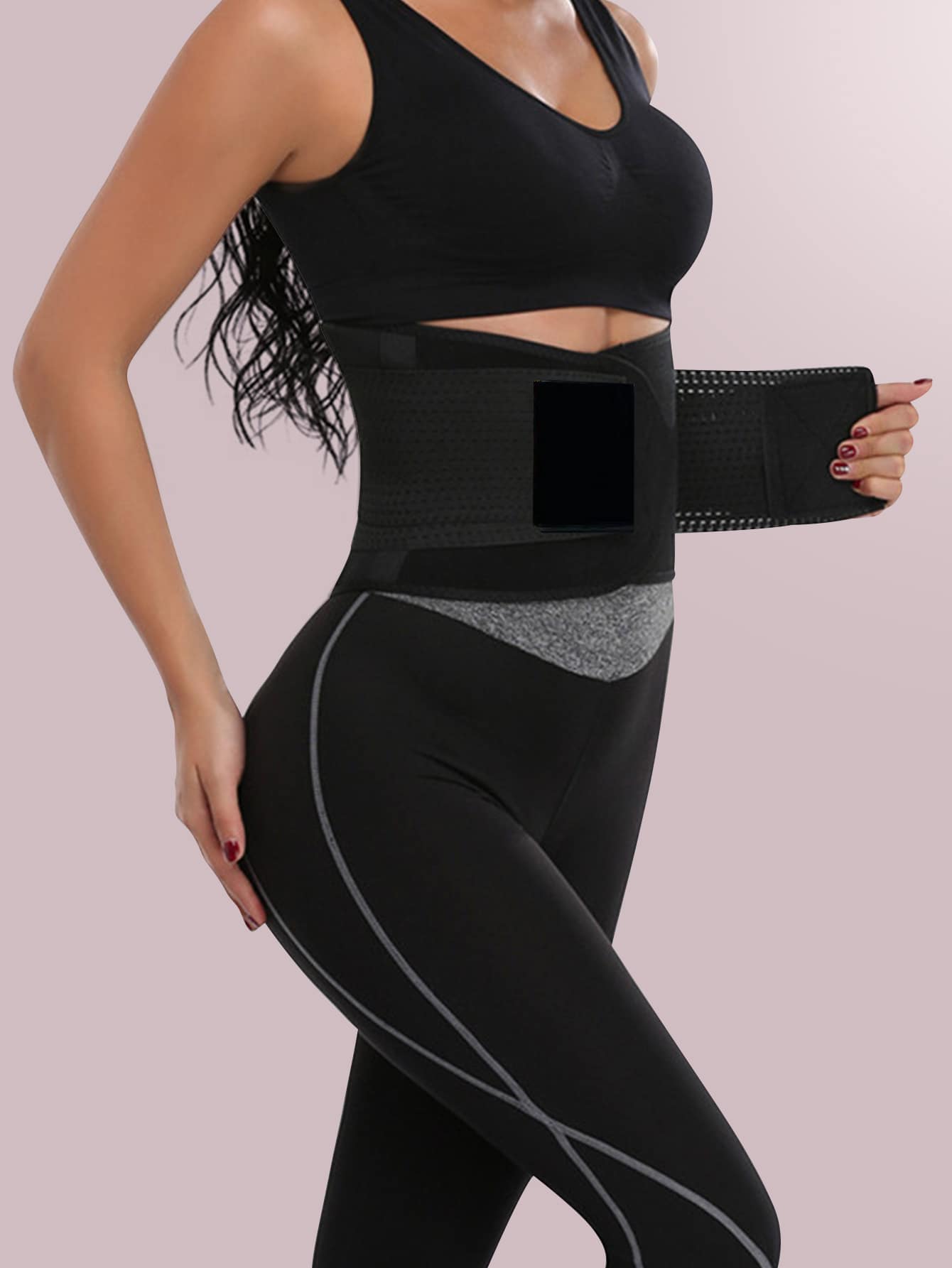 Double-Layer Hook And Loop Design Breathable Hollow Out Waist Belt For Fitness Training Support, Adjustable Elastic Waistband Shapewear Waist Trainer Corset - Black - View 1