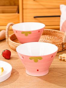 1pc Cute Strawberry Patterned Ceramic Bowl For Home Use, Tableware - Pink - View 4