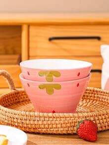 1pc Cute Strawberry Patterned Ceramic Bowl For Home Use, Tableware - Pink - View 3