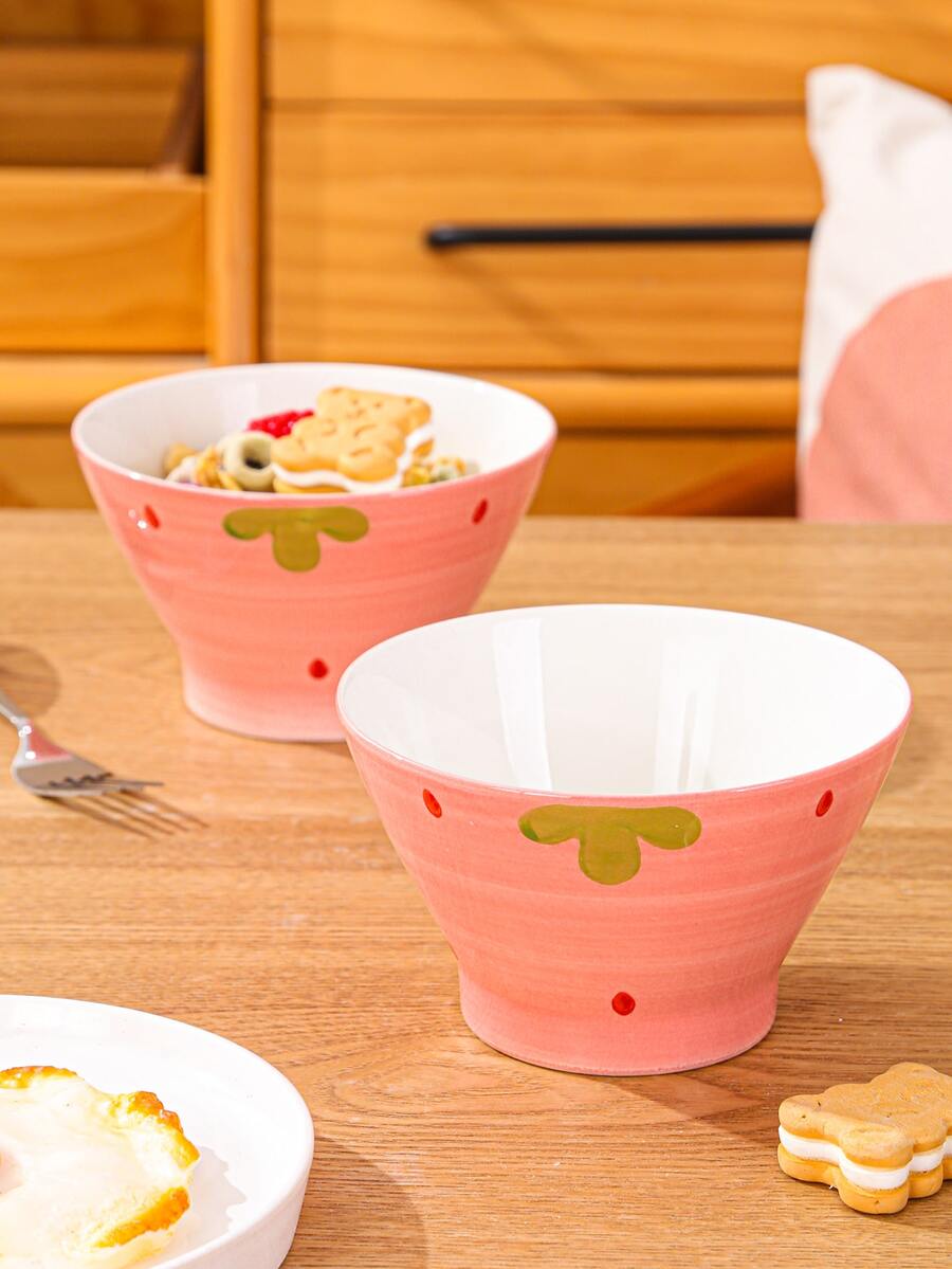 1pc Cute Strawberry Patterned Ceramic Bowl For Home Use, Tableware - Pink - View 1