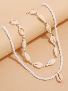 1套雙層手工編織米釘珠和貝殼女士項鍊,鎖骨鏈條 - 手工編織米珠串珠雙層貝殼女士項鍊鎖骨鏈 - 查看 4