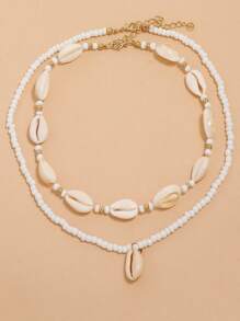 1套雙層手工編織米釘珠和貝殼女士項鍊,鎖骨鏈條 - 手工編織米珠串珠雙層貝殼女士項鍊鎖骨鏈 - 查看 1