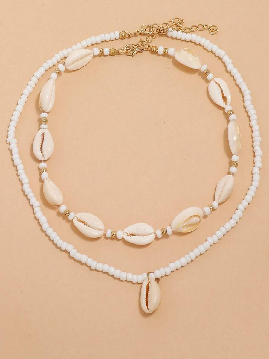1套雙層手工編織米釘珠和貝殼女士項鍊,鎖骨鏈條 - 手工編織米珠串珠雙層貝殼女士項鍊鎖骨鏈 - 查看 1