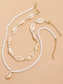 1套雙層手工編織米釘珠和貝殼女士項鍊,鎖骨鏈條 - 手工編織米珠串珠雙層貝殼女士項鍊鎖骨鏈 - 查看 3