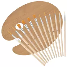 13 件套混合调色板和颜料刷套装木制调色板带拇指孔椭圆形木制调色板颜料混合调色板扁平颜色刷尼龙艺术刷套装用于绘画水彩油画颜料 30 x 23 厘米 返校，返校，学校用品 - 查看 2